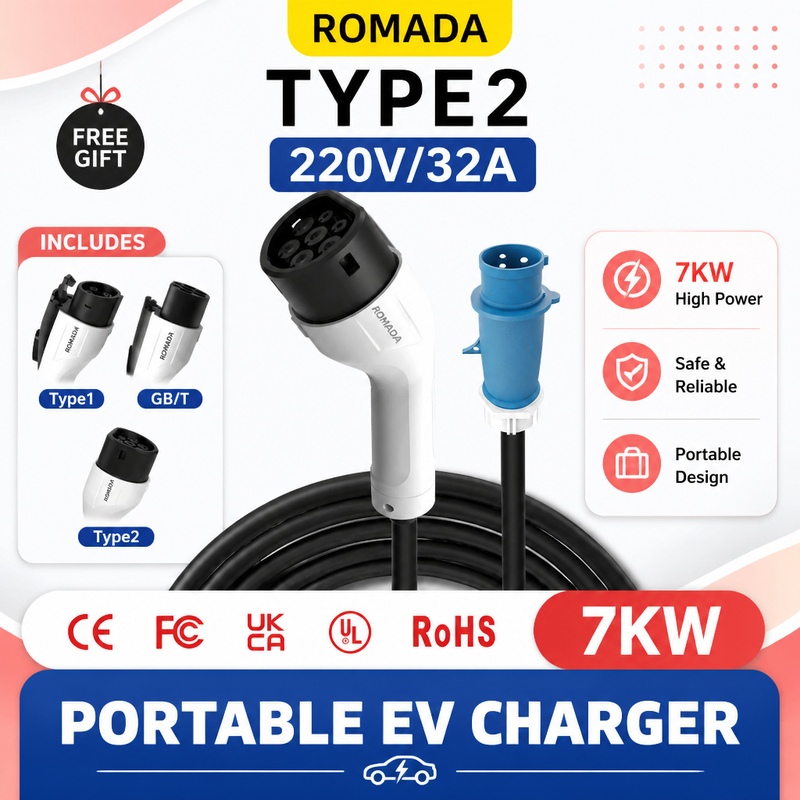 Portable Ev Charger 32A Type 2 Cee Plug - 7KW ROMADA Electric Vehicle Portable Charger